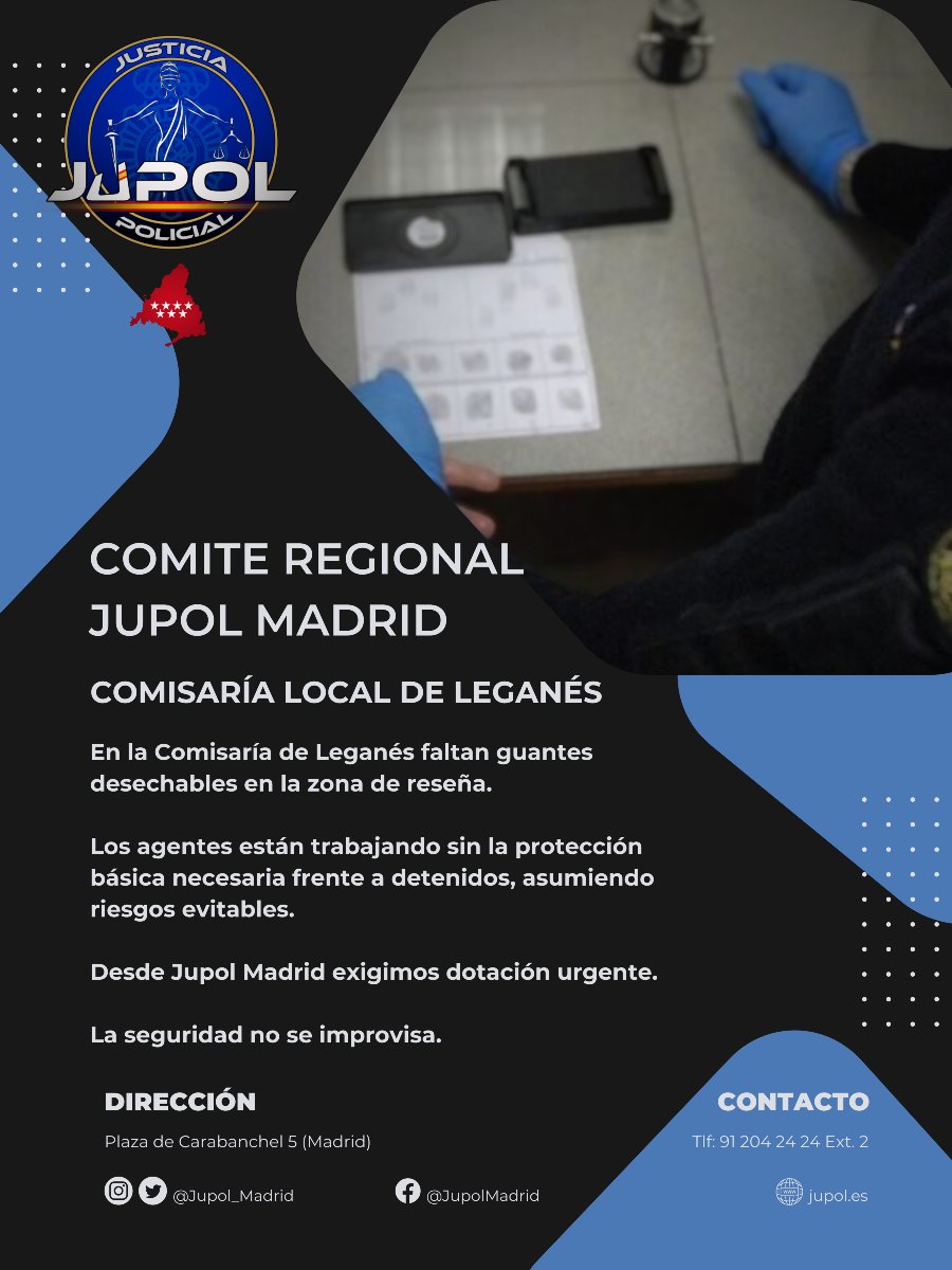 ¿Reseñar sin guantes?

En la Comisaría de Leganés faltan guantes desechables.
Agentes sin protección básica frente a detenidos.

Desde Jupol Madrid lo exigimos claro:

🔄 Dotación urgente ya.
🔴 La seguridad no se improvisa.
