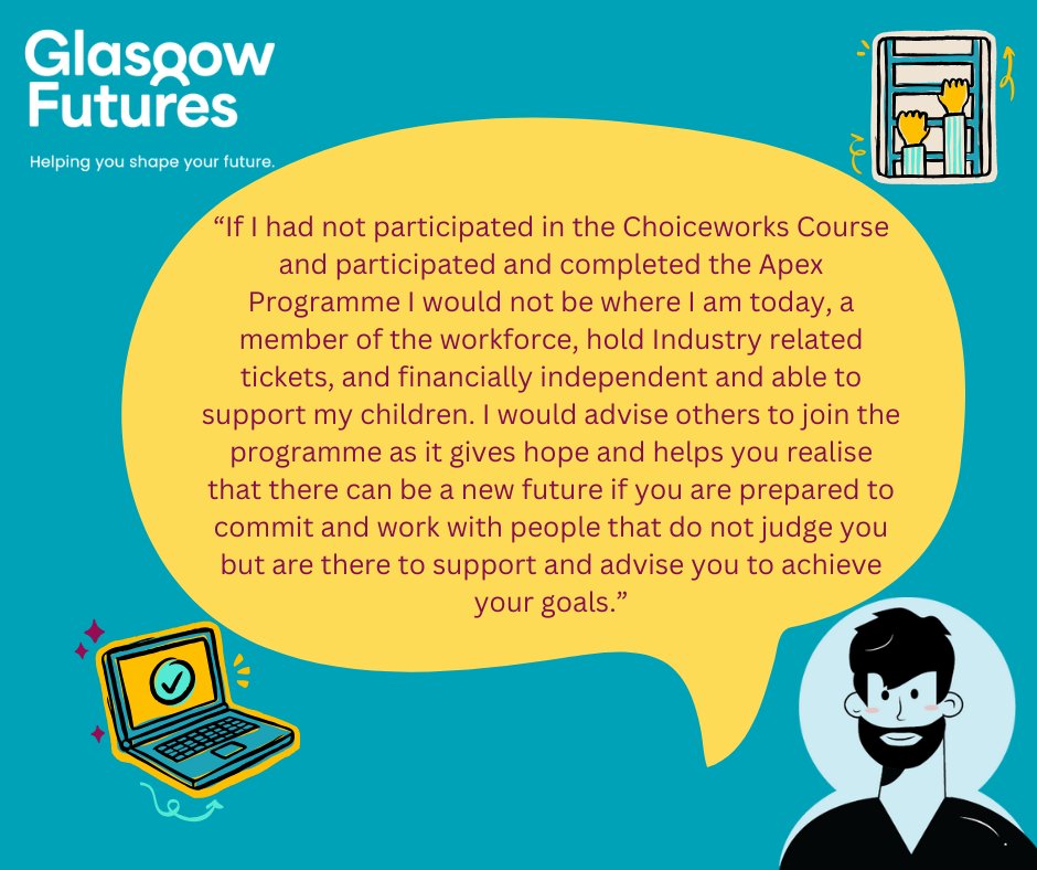 GlasgowFutures's tweet image. After years out of work, Nathan joined @GlasgowCC's ChoiceWorks, set goals & gained new skills. With support from APEX's Build It course, he earned key certs & secured a job in construction 👷♂️👏
👇
🔗 ow.ly/gasu50WmTGG
🔗 ow.ly/LOx450WmTGC
📰 ow.ly/m8fF50WmTGE
