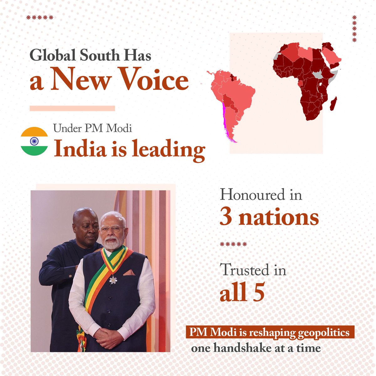 From ignored to INFLUENTIAL —

PM Modi didn’t just visit five nations,
he made India the talk of the Global South.

… in just a few days. ⏳