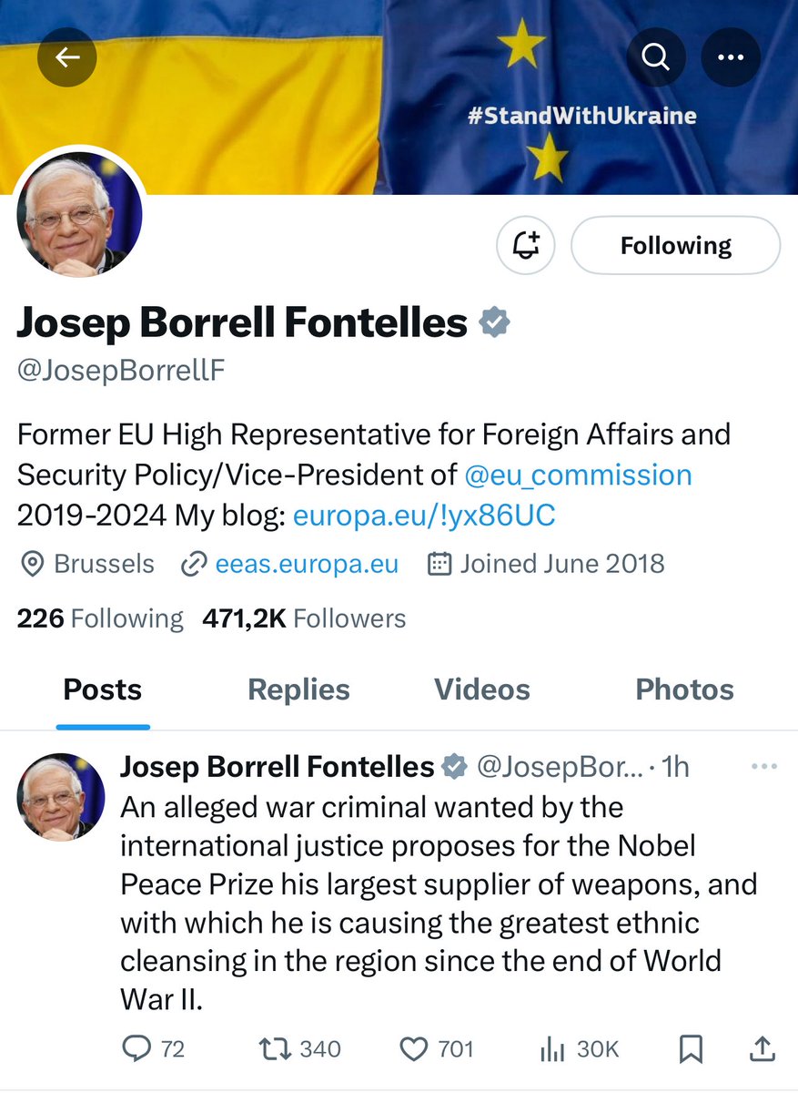 Karim Emile Bitar (@karimbitar) on Twitter photo 🇪🇺🇺🇸🇮🇱🇵🇸 A powerful post by Josep Borrell, who until recently served as Europe’s most senior diplomat.
History will remember that <a href="/JosepBorrellF/">Josep Borrell Fontelles</a> stood up for European values at a time when Ursula von der Leyen made a mockery of everything post–WWII Europe was meant to represent 🇪🇺🇺🇸🇮🇱🇵🇸 A powerful post by Josep Borrell, who until recently served as Europe’s most senior diplomat.
History will remember that <a href="/JosepBorrellF/">Josep Borrell Fontelles</a> stood up for European values at a time when Ursula von der Leyen made a mockery of everything post–WWII Europe was meant to represent