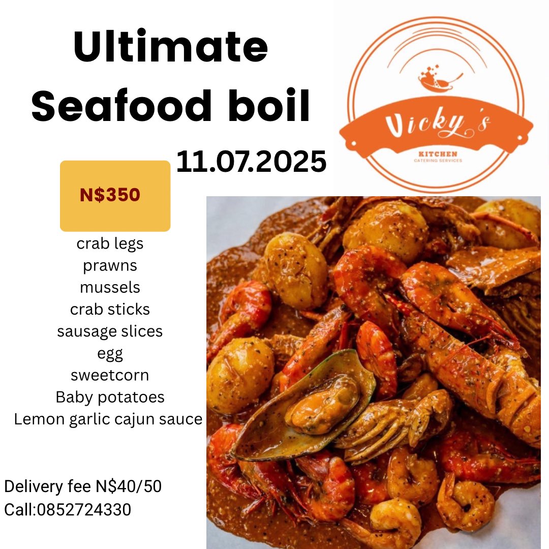 We’re back with our delicious seafood boils ☺️☺️☺️ Share an ultimate seafood boil with your loved ones for only N$350… available on Friday… pre order only! Call/text 0852724330