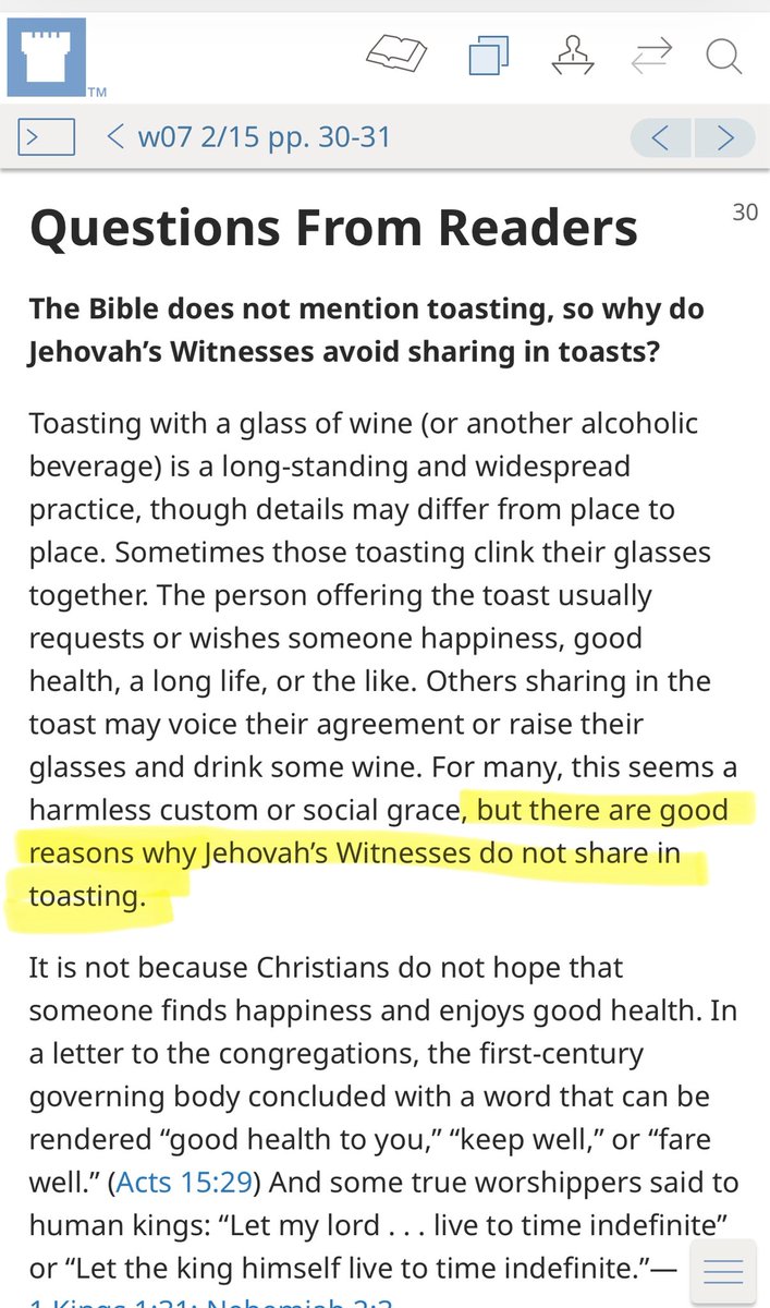 Larchwood20's tweet image. The book currently used by Jehovah’s Witnesses to conduct Bible studies- Enjoy Life Forever! was only released in 2021. It includes a question about toasting. But now just four years later, the answer is already outdated!

Expect online edits soon.