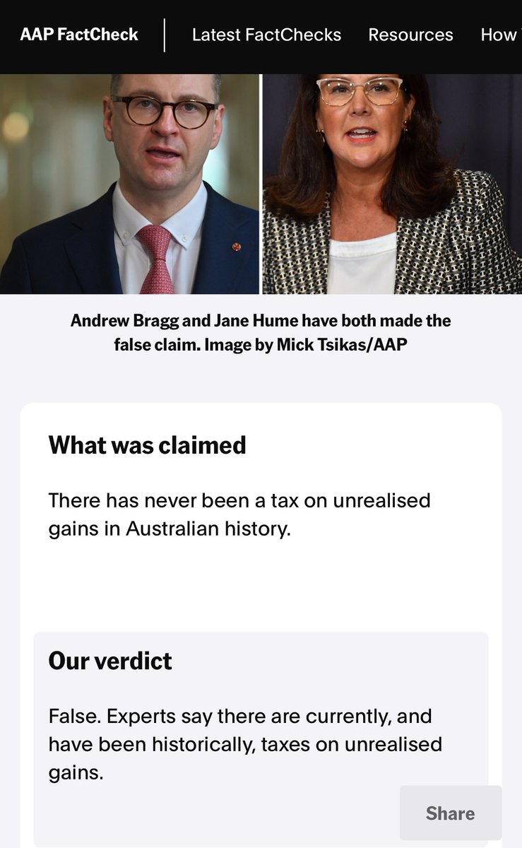 So-called Senators Andrew Bragg and Jane Hume have been caught out lying. Again.

Thank dog for AAP fact check.

Hume and Braggart both claim there has never been a tax on unrealised gains in Australian History.

This is not true.

‘Experts told AAP FactCheck there are taxes