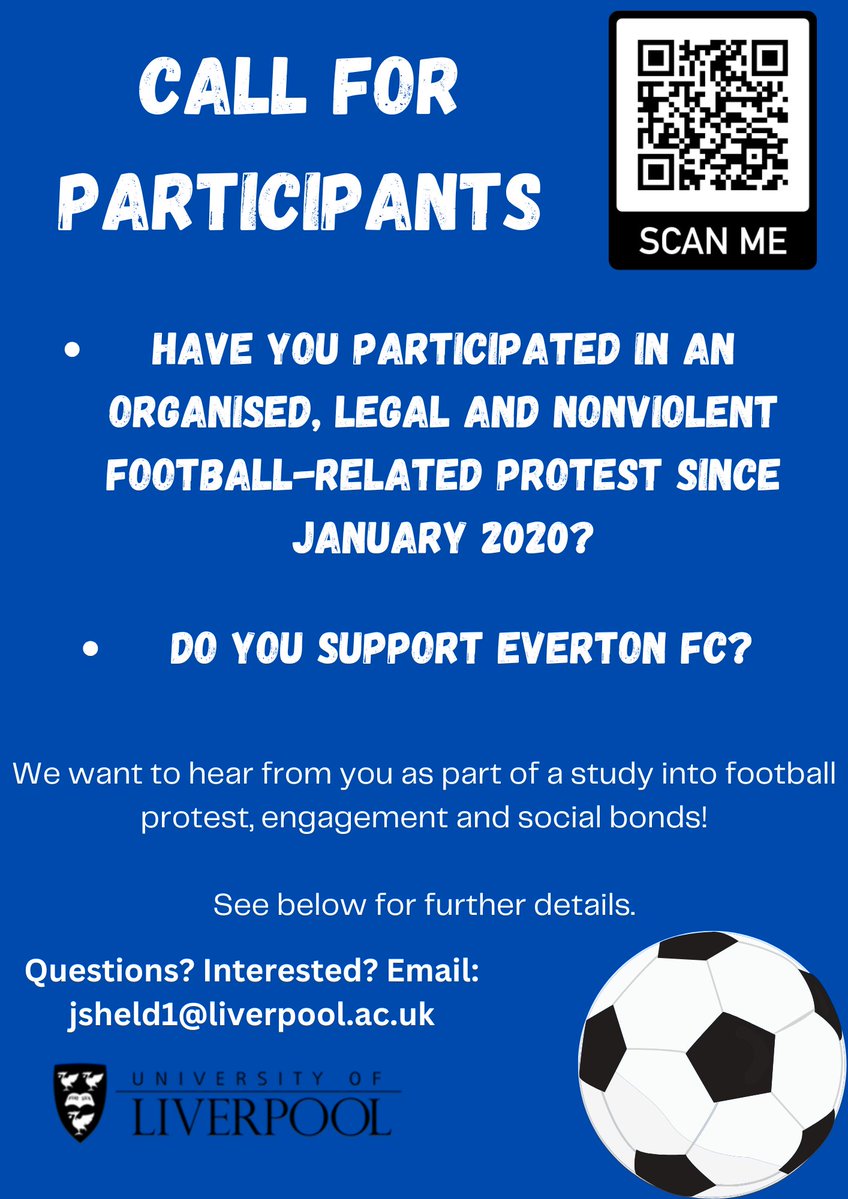 Joe (@jbsheldon_) on Twitter photo I'm looking for #Everton #EFC fans who have participated in any of the recent protests since 2020 to participate in a project on protest activity in football.
Please get in touch with jsheld1@liverpool.ac.uk or follow the below QR if you are interested! I'm looking for #Everton #EFC fans who have participated in any of the recent protests since 2020 to participate in a project on protest activity in football.
Please get in touch with jsheld1@liverpool.ac.uk or follow the below QR if you are interested!