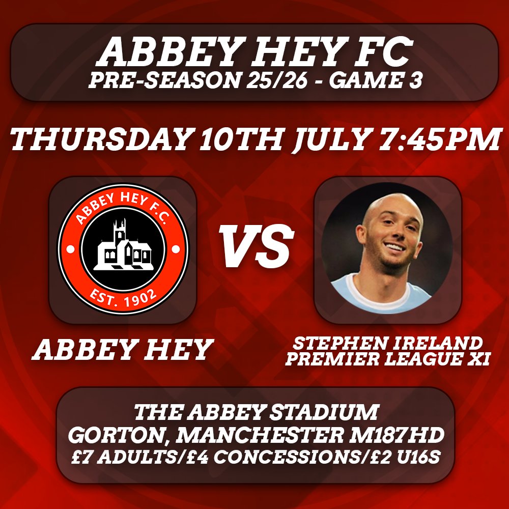 Tomorrow Abbey Hey take on a team of former Premier League stars! Stephen Ireland, Joleon Lescott and other legends will be gracing the famous Abbey turf.  

Come on down, bring your autograph books and support the lads!