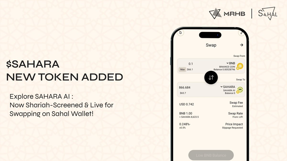 MarhabaDeFi's tweet image. ✨ $SAHARA is now Shariah-screened & live for swapping on Sahal Wallet!
Sahara AI is a pioneering AI-native blockchain where anyone can build, contribute, and monetize AI—unlocking a new era of decentralized intelligence.
Trade $SAHARA securely and ethically via @Sahal_wallet!…