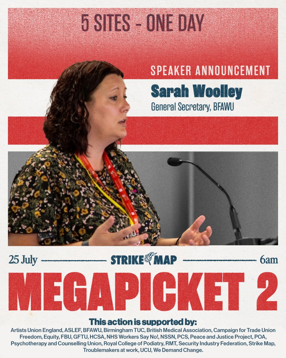 strike_map's tweet photo. 📢🗣️SPEAKER ANNOUNCEMENT
Join @sarahwoolley01 at #Megapicket2 on 25 July:
https://t.co/SwqtoeebRt
5 sites. One Day!
#StrikeMap #Birmingham #BrumBinStrike #BirminghamBinStrike #Solidarity https://t.co/jOxrNhDAHw