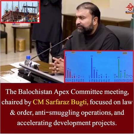 CreativeEsha_'s tweet image. The Balochistan Apex Committee meeting, chaired by CM Sarfaraz Bugti, focused on law &amp;amp; order, anti-smuggling operations, and accelerating development projects.
@Mohibullah61711
@Itsbaloch_
@dkbaluchh
#Balochistan
#ApexCommittee
#SarfarazBugti
#SecurityUpdate