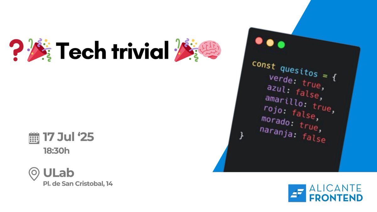 ¡Hola, querida comunidad!

Esperamos que estéis disfrutando el verano 🌞, y si no lo estáis haciendo... ¡No pasa nada! Estamos preparando un trivial en ULab para el día 17 de julio 🎉

Apúntate aquí 👇 

meetup.com/alicante-front…

¡Nos vemos! 😀