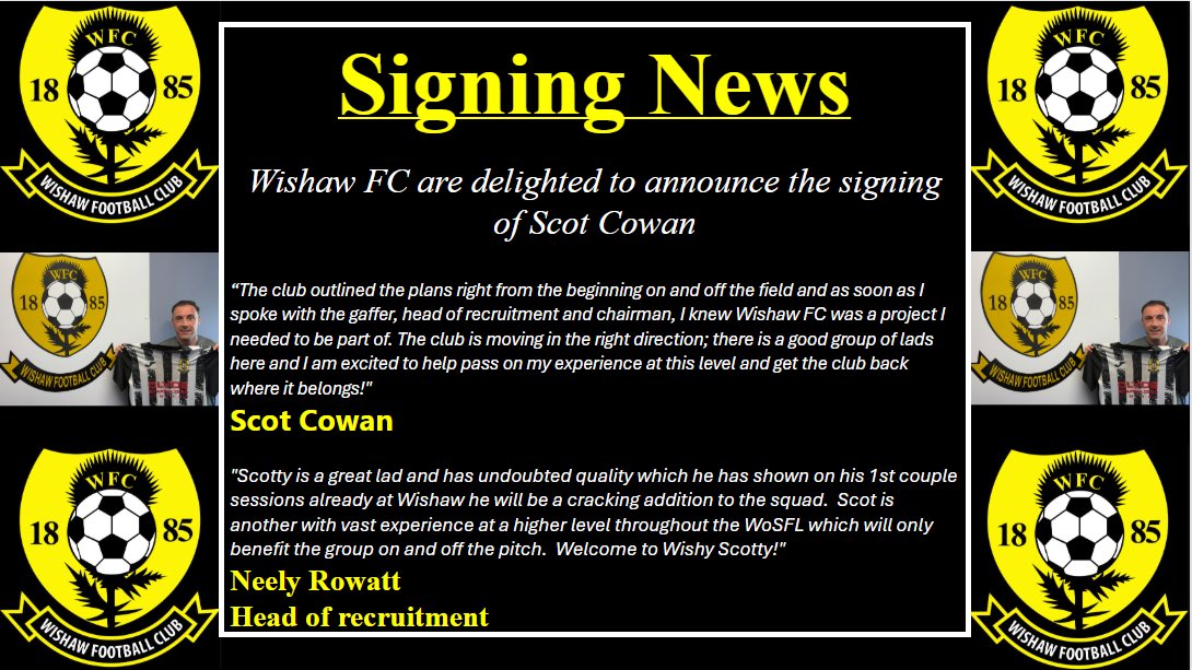 🟡⚫️🟡Signing🟡⚫️🟡

Wishaw F.C. are delighted to confirm the signing of Scot Cowan ahead of the 2025/26 <a href="/OfficialWoSFL/">West of Scotland Football League 🏴󠁧󠁢󠁳󠁣󠁴󠁿</a> Season.

Welcome to Wishaw Scot! 🤝