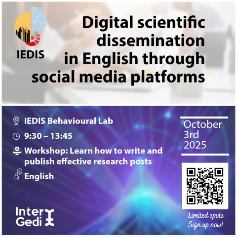 Desde <a href="/IntergediUZ/">InterGedi</a> y junto a <a href="/Iedis_unizar/">IEDIS_unizar</a> hemos lanzado un taller práctico sobre #comunicacióndigital 💻en #inglés y #ciencia para publicar e interactuar 👥 en redes sociales y aumentar nuestra visibilidad 📈

📅 3 Octubre
🕤 9:30–13:45

Apúntate ya! 👉 bit.ly/4nz5b9c