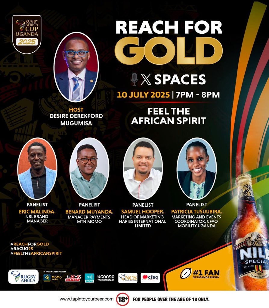 Uganda Rugby Union (@ugandarugby) on Twitter photo Join <a href="/DMugumisa/">Desire Derekford Mugumisa</a> this Thursday on X Spaces via <a href="/NileSpecial/">Nile Special</a> in conversation with different brand managers, and partners of the Rugby Africa Cup 2025.
โฐ7PM-8PM
#racug2025
#FeelTheAfricanSpirit Join <a href="/DMugumisa/">Desire Derekford Mugumisa</a> this Thursday on X Spaces via <a href="/NileSpecial/">Nile Special</a> in conversation with different brand managers, and partners of the Rugby Africa Cup 2025.
โฐ7PM-8PM
#racug2025
#FeelTheAfricanSpirit
