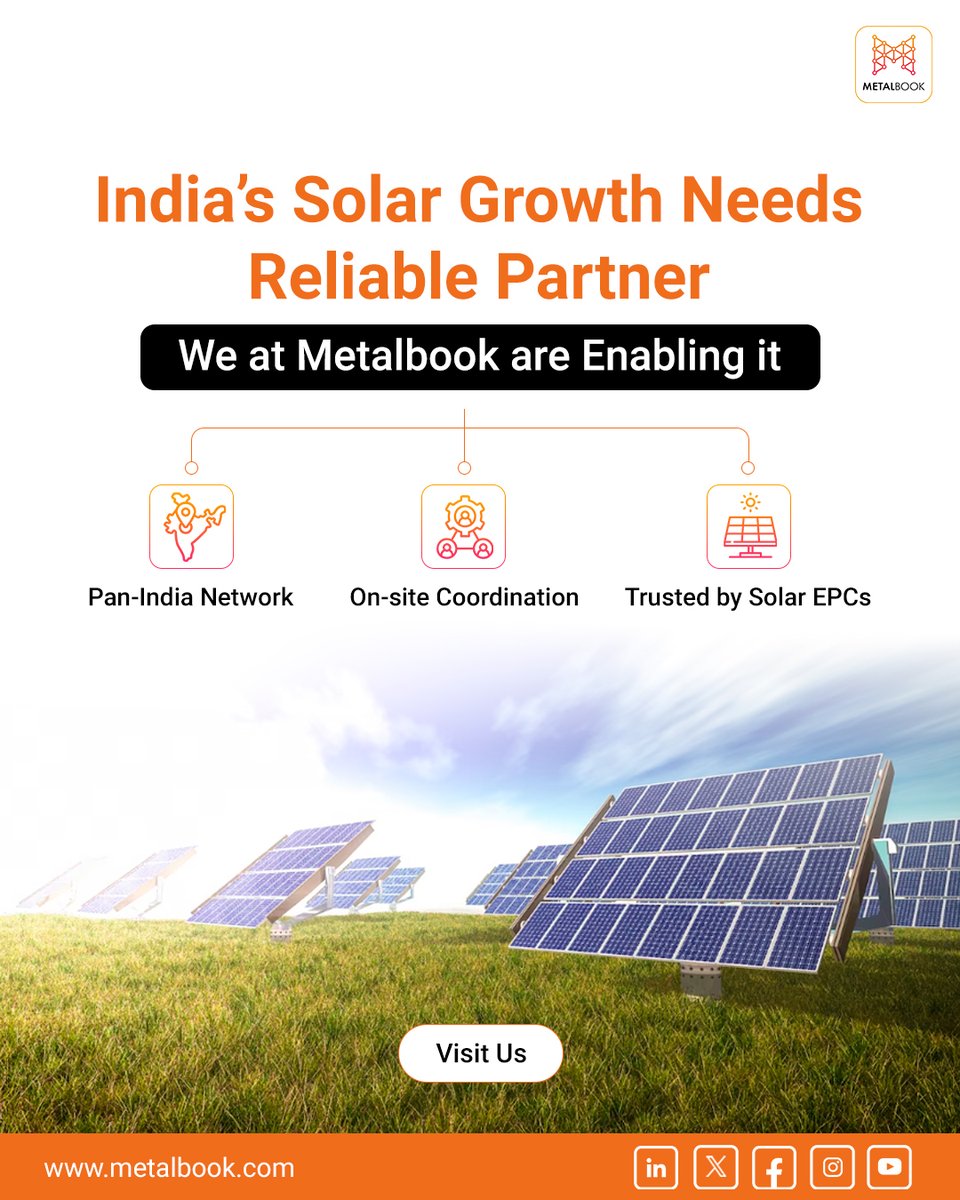 MetalbookIndia's tweet image. India’s solar capacity is expanding at record speed.
We're not just part of the supply chain, we’re enabling the energy transition.
Visit : metalbook.com
#Metalbook #SolarInfra #CleanEnergyProjects #EPCSupport #SolarExecution #MetalDelivery #RenewableIndia #SolarOnTime
