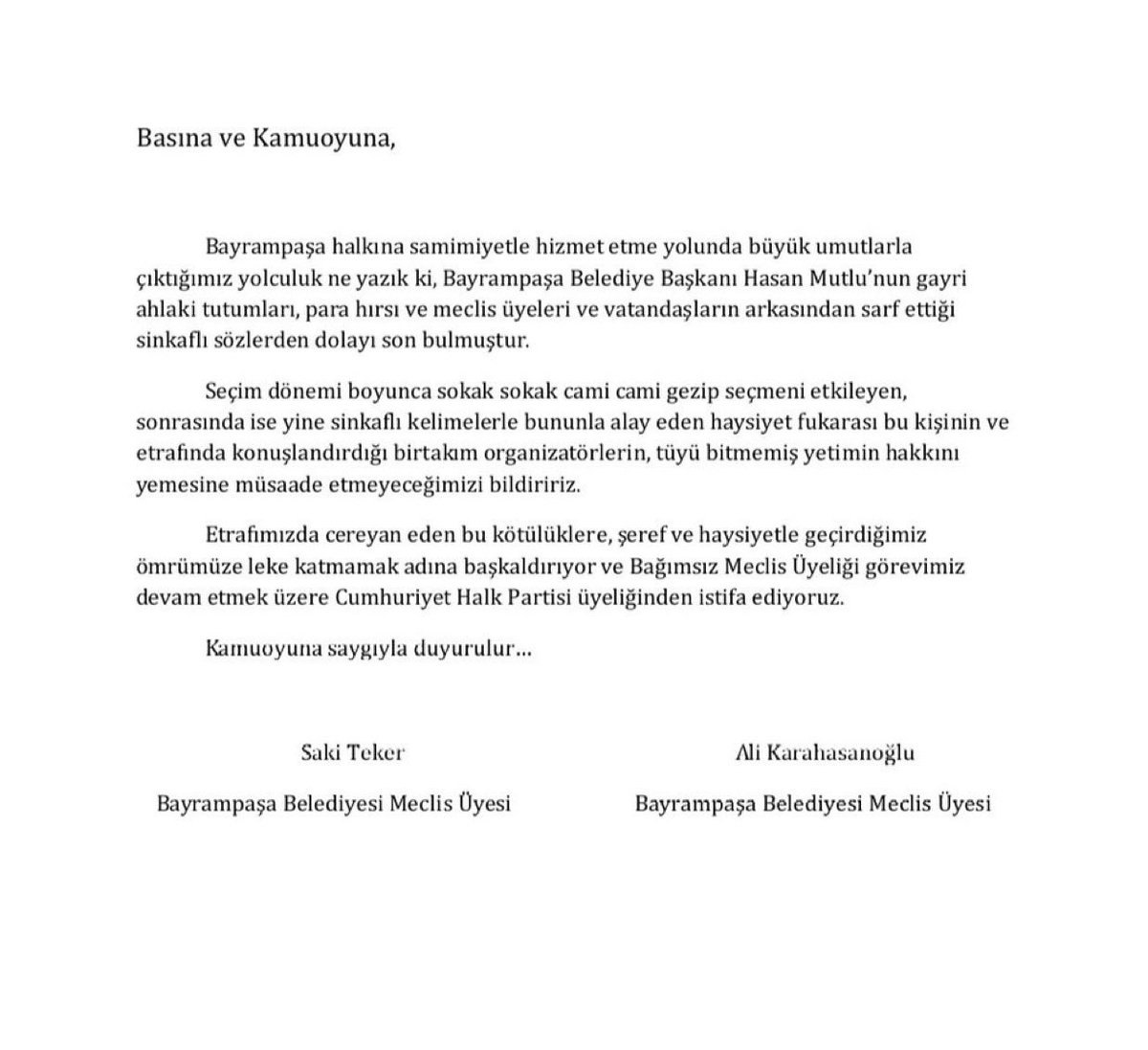 TRX (@trxhaber) on Twitter photo SON DAKİKA… Bayrampaşa Belediyesi CHP’li Meclis üyeleri Saki Teker ve Ali Karahasanoğlu, CHP’li belediye başkanı Hasan Mutlu’nun “para hırsı” ve “gayri ahlaki” tutumlarından dolayı CHP’den istifa ettiklerini açıkladı. SON DAKİKA… Bayrampaşa Belediyesi CHP’li Meclis üyeleri Saki Teker ve Ali Karahasanoğlu, CHP’li belediye başkanı Hasan Mutlu’nun “para hırsı” ve “gayri ahlaki” tutumlarından dolayı CHP’den istifa ettiklerini açıkladı.
