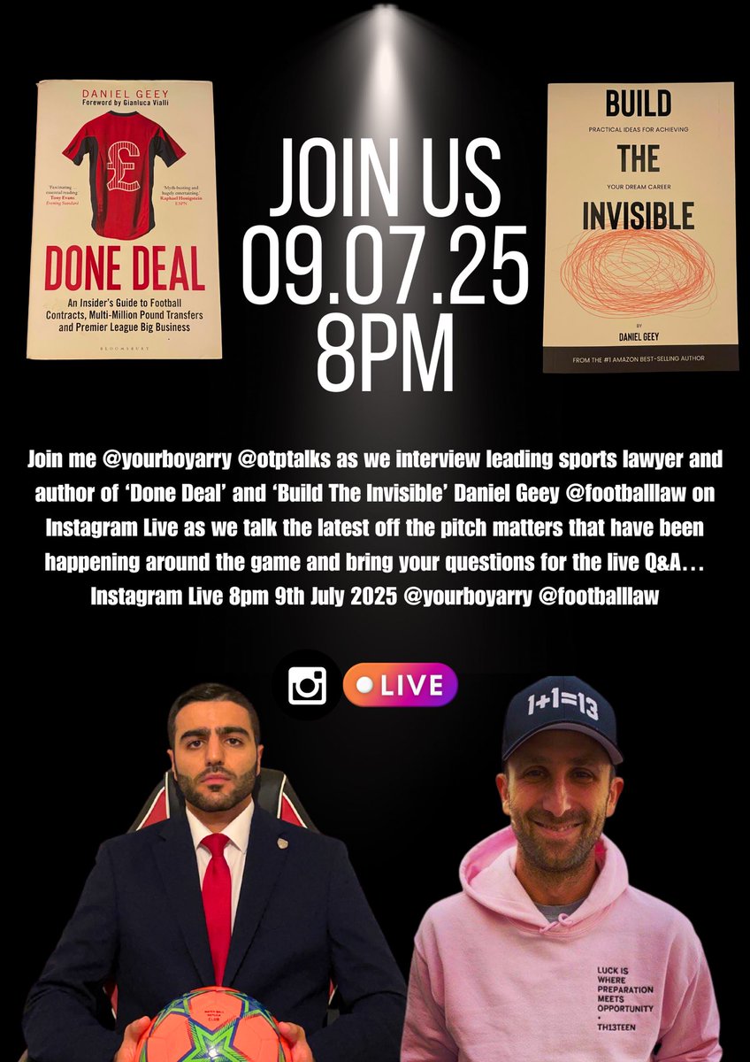 yourboyarry's tweet photo. NEW ALERT 🚨 Delighted to announce that I’ll be hosting another live with leading industry expert, sports lawyer and author Daniel Geey @footballlaw on the rescheduled date Wednesday 9th July at 8pm right here on Instagram Live followed by Q&amp;A 🎙️📺 one you don’t wanna miss! https://t.co/GVHpimLuQc