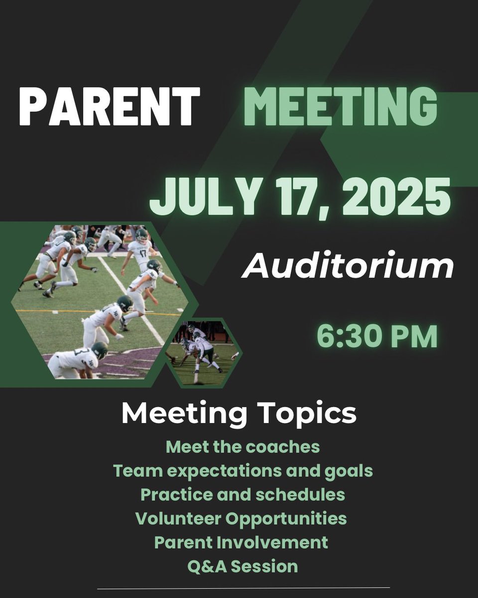 🏈 Attention Football Families! 🐯
Join us for our Preseason Parent Meeting as we kick off the upcoming season! This is a mandatory meeting for parents/guardians of all players (Varsity &amp; JV). Let’s get ready for an exciting season of Jackson-Reed Tigers Football!🟢⚪️