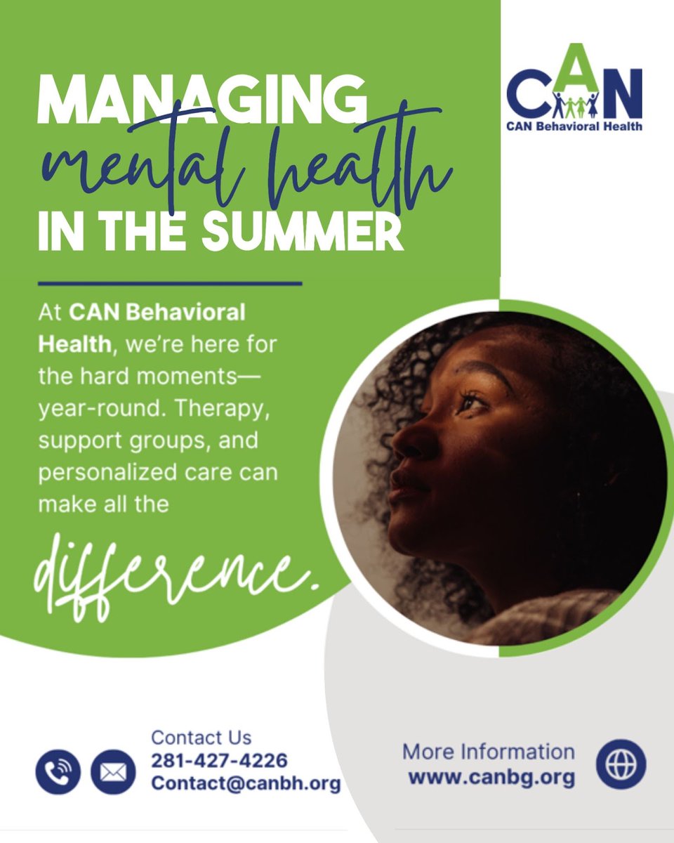 CANBehavioral's tweet image. Summer Mental Health Check-In
☀️Summer isn't always sunshine for our mental health.
📞 Call us at 281-427-4226 or 📧 email Contact@canbh.org to take the first step.
.
#MentalHealthMatters #SummerStruggles #CANBehavioralHealth #AdultMentalHealth