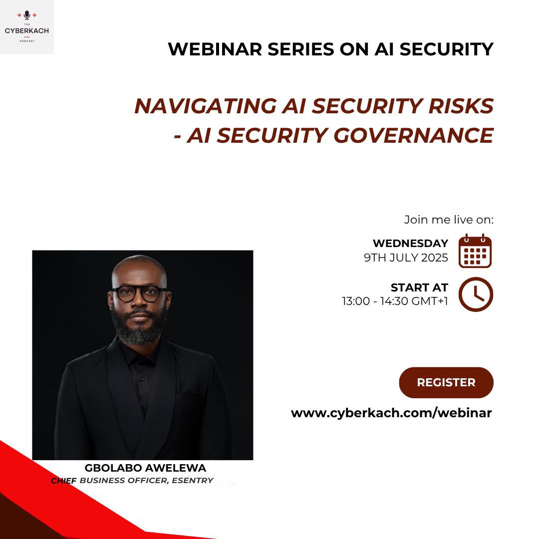 esentry_mssp's tweet image. Join Gbolabo Awelewa and other cyber executives to discuss regulations, compliance, best practices in AI and how to navigate AI security risks.
Date: July 9
Time: 1PM (GMT+1)
Don’t miss this opportunity to stay ahead of the curve.
👉 Register now: zoom.us/webinar/regist…