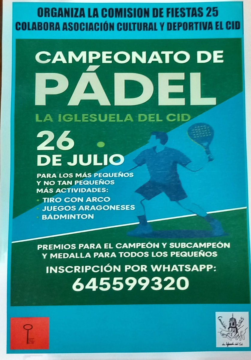 🎾🎾 ¡Campeonato de pádel en La Iglesuela del Cid!

📍 Sábado 26 de julio

🥳 Un día deportivo para adultos y niños con variadas actividades como tiro al arco o juegos aragoneses

🔎 Teléfono de inscripción disponible en el cartel adjunto 👇