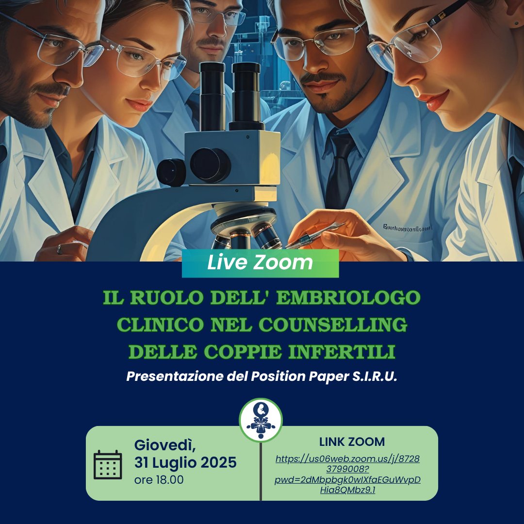 📢Presentazione del Position Paper SIRU “Il ruolo dell’Embriologo Clinico nel counselling delle coppie infertili”
📌31 Luglio ore 18:00 su Zoom
💻 Link per partecipare: us06web.zoom.us/j/87283799008?…
ℹ️Info e programma: pmaumanizzata.com/300-Presentazi…

#SIRU #embriologia #pmaumanizzata