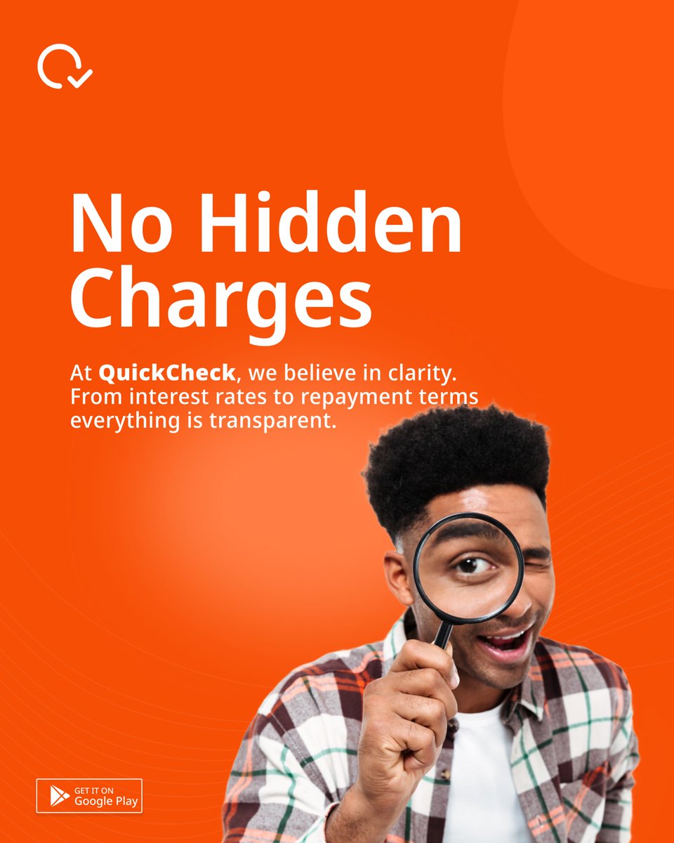 No hidden charges. No surprises. Just fast, reliable loans when you need them. 💸
With QuickCheck, what you see is what you get every time.

Download the app today and take control of your finances.📲💼

#InstantLoans #NoHiddenFees #QuickCheck