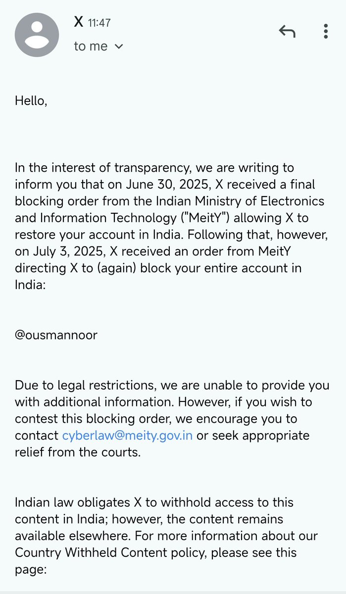 Did anyone else get this email from X about the Indian government blocking their content in India?
