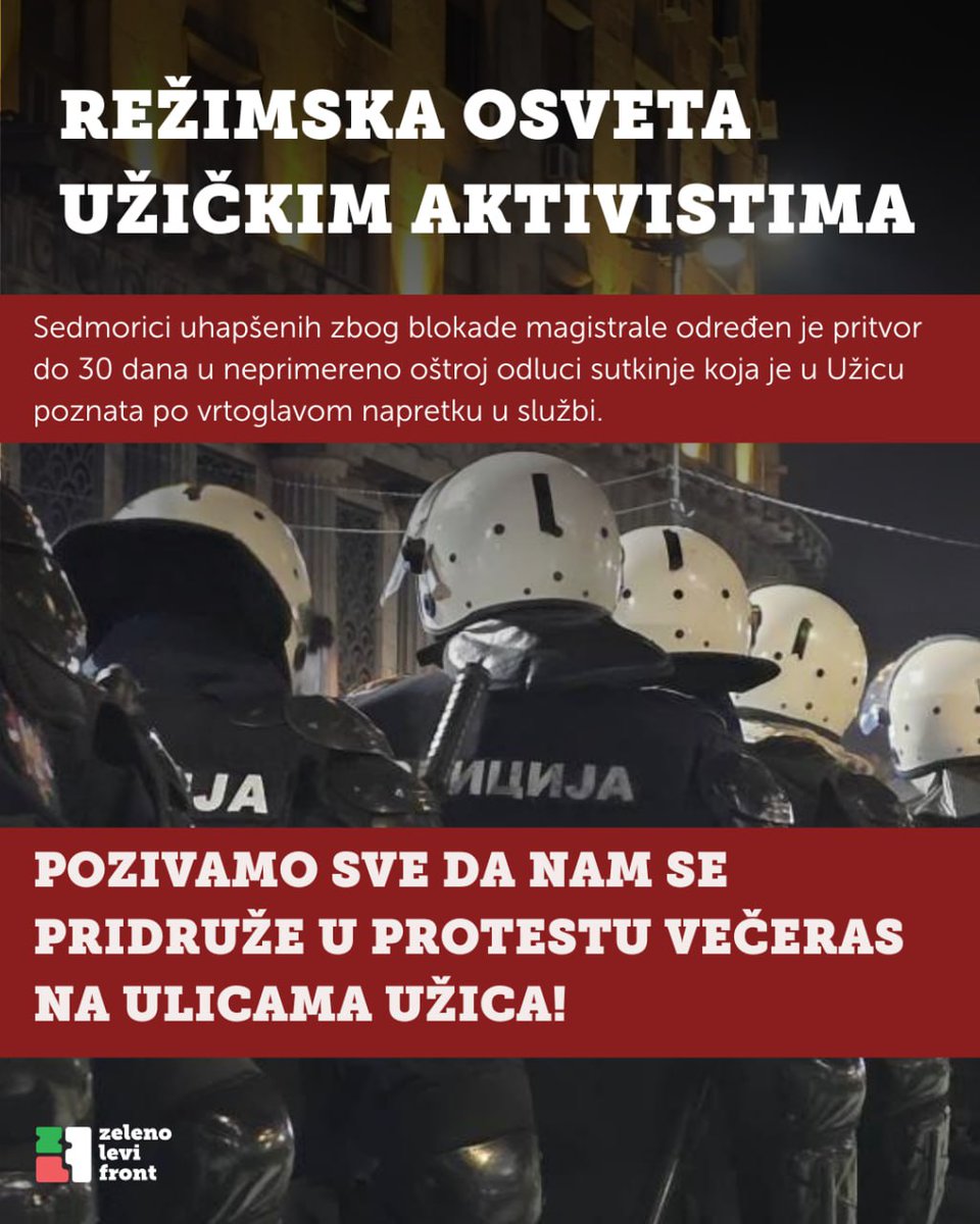 SVI U UŽICE 🚨🚨🚨

Pritvor do 30 dana je određen Vladanu Sinđiću, Radovanu Novakoviću, Pavlu Cicvariću, Branku Nikoliću, Aleksi Nikoliću, Dejanu Ćosiću i Marku Radovanoviću.  Oni su očevi ukupno 7 maloletne dece, jedan je uz to i udovac. Ugledni su u svojim zajednicama, ljudi