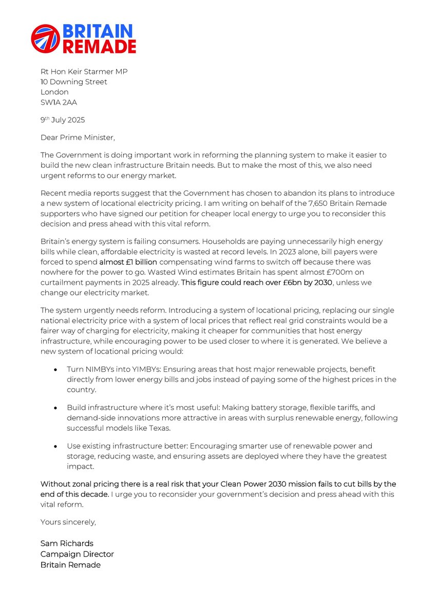 Backed by 7,650 Britain Remade supporters, I've written to the Prime Minister urging him to reconsider the reported decision to abandon zonal pricing.

We cannot afford to be locked into higher bills for years to come.