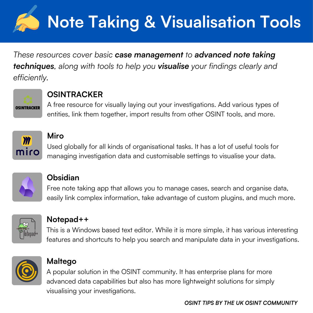 OSINT_Community's tweet image. Note Taking & Visualisation | #OSINT Tips
Investigations can span months or even years, generating large volumes of data. Strong note taking and visualisation skills are essential to keep track of key details and make sense of complex information.
The resources below cover…