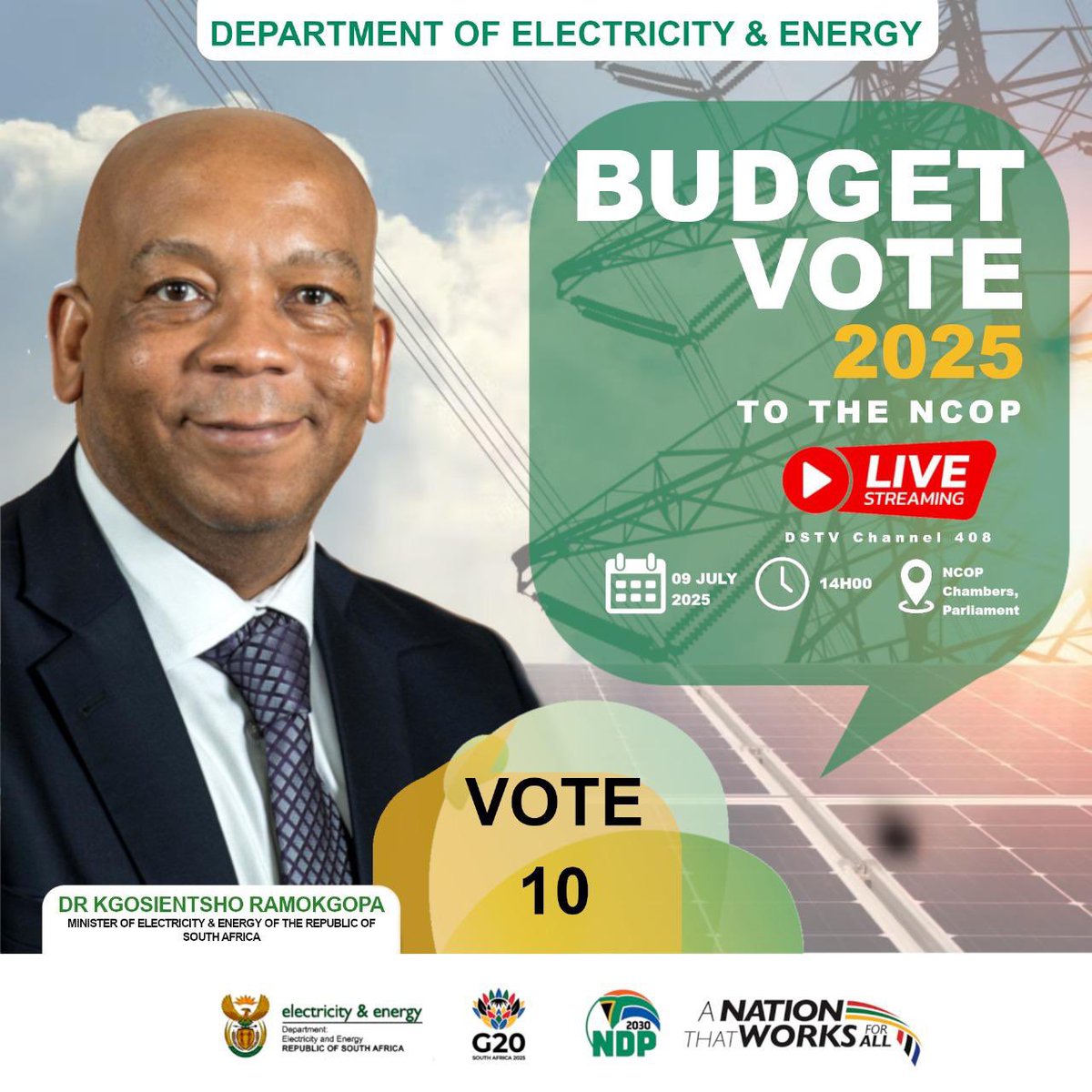 DOEE_ZA's tweet image. #DEEBudgetVote2025 | NCOP 

The Minister of Electricity and Energy Dr. @Kgosientsho_R will this afternoon be tabling the Budget Vote for the Department of Electricity and Energy to the NCOP at 14h00pm 

📍NCOP Chambers, Parliament