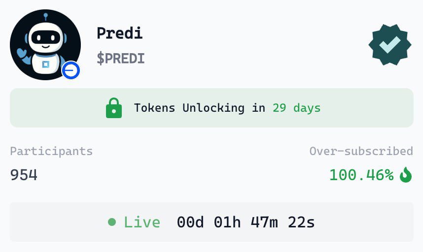 954 incredible supporters have joined the $PREDI journey, smashing our presale goal! 

The time has come for PREDI to shine. Stay tuned for exciting updates!