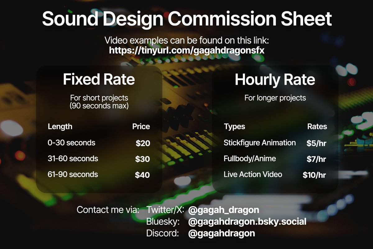 Hey guys, it's been a while.

I'm opening SFX emergency commissions because of some situations, and any help would be appreciated &lt;3

If you wanna see my work, I put some of it on a playlist here: tinyurl.com/gagahdragonsfx

Thanks, guys!