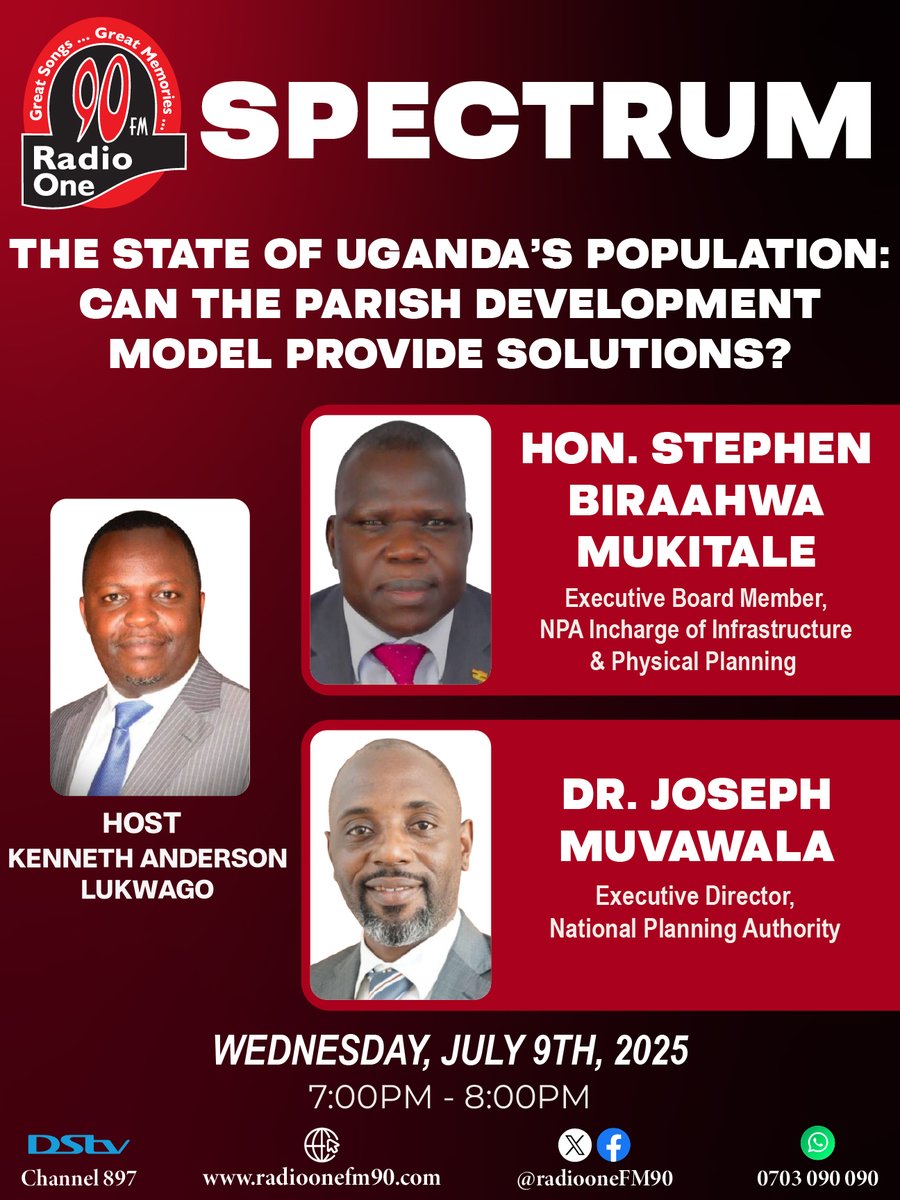Radio One FM90 (@radioonefm90) on Twitter photo "THE STATE OF UGANDA’S POPULATION: CAN THE PARISH DEVELOPMENT MODEL PROVIDE SOLUTIONS?" - <a href="/HonMukitale/">Hon. Stephen Biraahwa Mukitale</a> <a href="/JosephMuvawala/">Joseph Muvawala</a>
Tonight, on Spectrum with <a href="/anderlukson/">Kenneth Anderson Lukwago</a>
<a href="/NPA_UG/">National Planning Authority 🇺🇬</a>
<a href="/mofpedU/">Ministry of Finance</a>
<a href="/pwatchug/">Parliament Watch</a>
<a href="/Parliament_Ug/">Parliament of Uganda</a>
<a href="/GovUganda/">Government of Uganda</a>
#RadioOne #FM90 #SPECTRUM "THE STATE OF UGANDA’S POPULATION: CAN THE PARISH DEVELOPMENT MODEL PROVIDE SOLUTIONS?" - <a href="/HonMukitale/">Hon. Stephen Biraahwa Mukitale</a> <a href="/JosephMuvawala/">Joseph Muvawala</a>
Tonight, on Spectrum with <a href="/anderlukson/">Kenneth Anderson Lukwago</a>
<a href="/NPA_UG/">National Planning Authority 🇺🇬</a>
<a href="/mofpedU/">Ministry of Finance</a>
<a href="/pwatchug/">Parliament Watch</a>
<a href="/Parliament_Ug/">Parliament of Uganda</a>
<a href="/GovUganda/">Government of Uganda</a>
#RadioOne #FM90 #SPECTRUM
