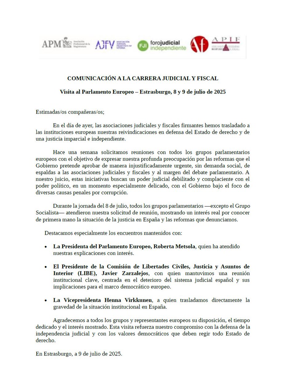 📄Comunicado de la mayoría de Asociaciones Judiciales y Fiscales tras la reuniones en Estrasburgo para trasladar nuestras reivindicaciones en defensa del Estado de derecho y de una justicia imparcial e independiente.