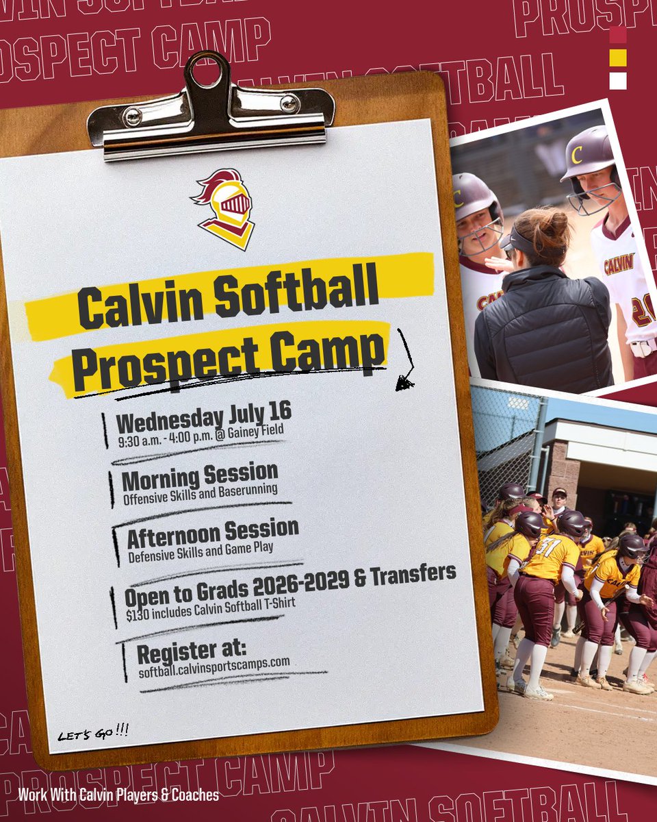 🚨LAST CALL🚨 Our prospect camp is ONE WEEK AWAY! Only a few spots remain - join us for a great day of softball &amp; learn more about our program and University. Info &amp; Registration at: softball.calvinsportscamps.com