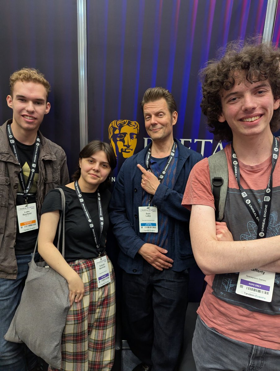 lukethehebble's tweet image. A huge @BAFTAGames thank you to the one and only @SamLakeRMD for dropping by the BAFTA stand at Develop for an inspiring chat with our 18 year old Young Game Designers winners and finalists 🙏🤩🎮