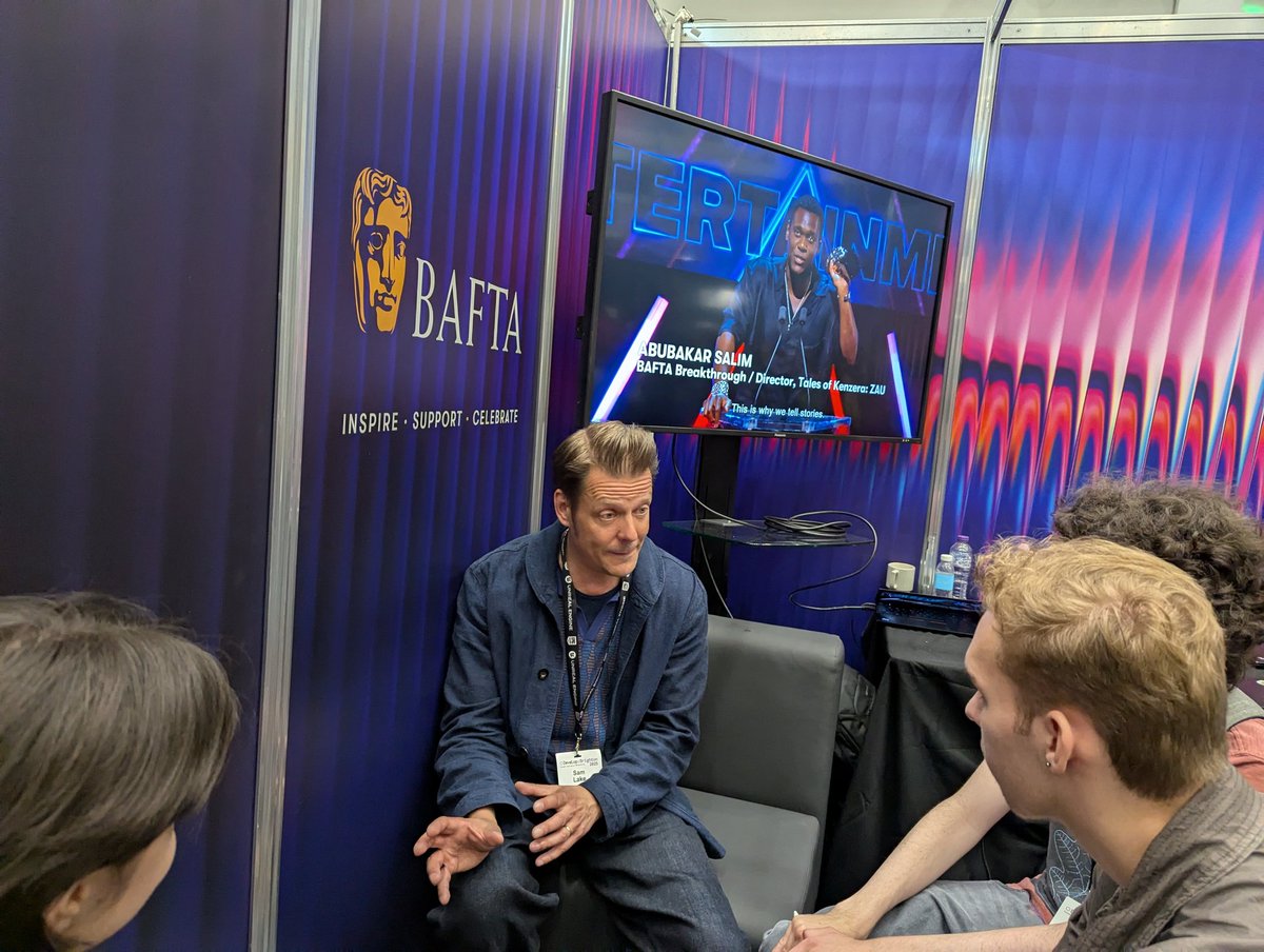 lukethehebble's tweet image. A huge @BAFTAGames thank you to the one and only @SamLakeRMD for dropping by the BAFTA stand at Develop for an inspiring chat with our 18 year old Young Game Designers winners and finalists 🙏🤩🎮