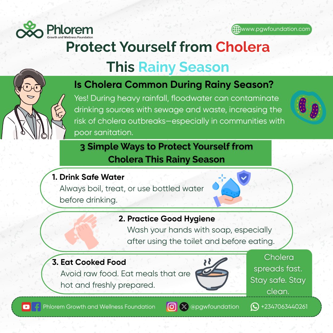 PGWFoundation's tweet photo. 🌧️ Rainy season is here—but so is the risk of cholera!
💧 Boil water, 🙌 wash hands, and 🍲 eat only hot meals.
Let’s stay safe and prevent outbreaks!
#CholeraPrevention #RainySeasonTips #PublicHealth #PGWFoundation #StaySafeStayClean https://t.co/Lkvt3z0p8i
