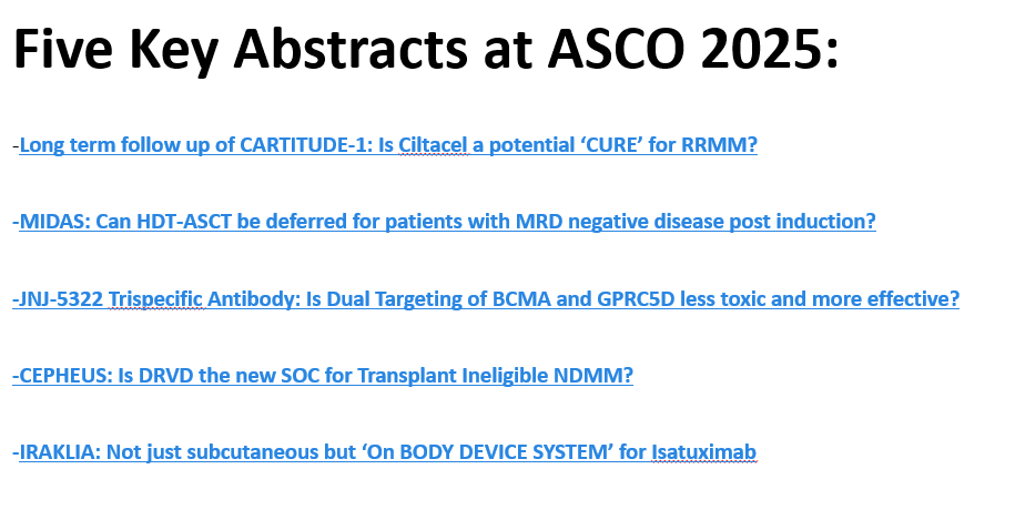 hhashmi87's tweet image. ASCO® 2025 Summary: Best of Myeloma-Key Trials & Clinical Insights | VuMedi vumedi.com/video/ascor-20… @vumedi
➡️Highlights, Summary, Take Home Messages
➡️Practice Changing vs Practice Informing
@ASCO @oncodaily @MM_Hub @MSKCancerCente @ASHClinicalNews #MedTwitter #MedEd #ASCO25