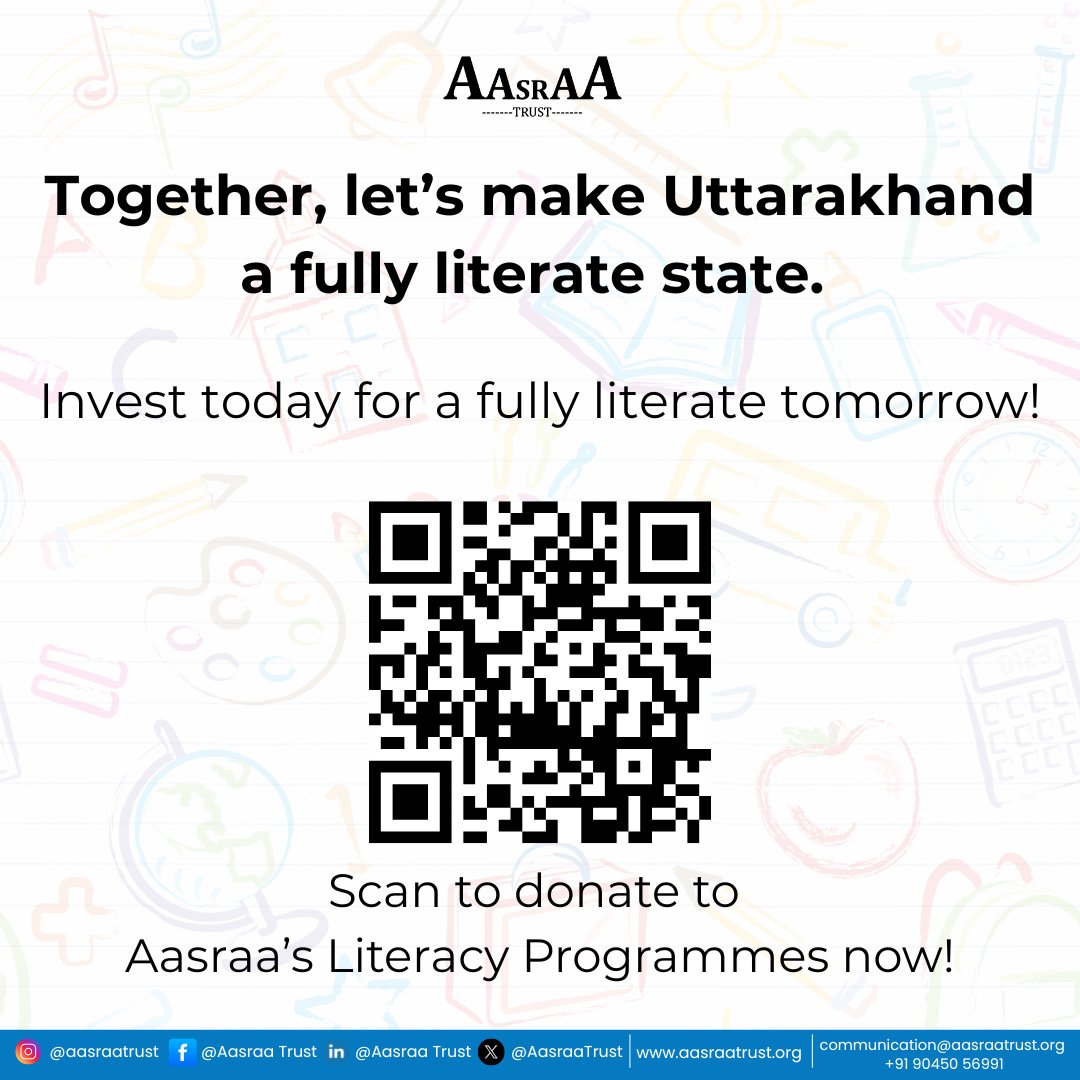 In India, a state is fully literate when 95% of its population aged 7 &amp; above can read and write.

#Uttarakhand ranks #16th, but the potential for change is huge.

Aasraa is investing in education, empowering children, strengthening communities &amp; building a more equal future.