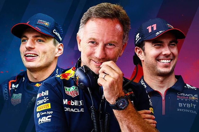 The image features three individuals wearing Red Bull Racing team attire, prominently displaying the team's sponsors such as Mobil 1, Oracle, and Honda. The central figure is holding a radio communication device, typical of a team principal or strategist in Formula 1. The post text by Diego Alonso criticizes Christian Horner, the team principal of Red Bull Racing, accusing him of deceit, mismanagement, and toxicity within the team. The context suggests that this image is a farewell or critique of Horner's tenure at Red Bull, highlighting the controversy surrounding his leadership.