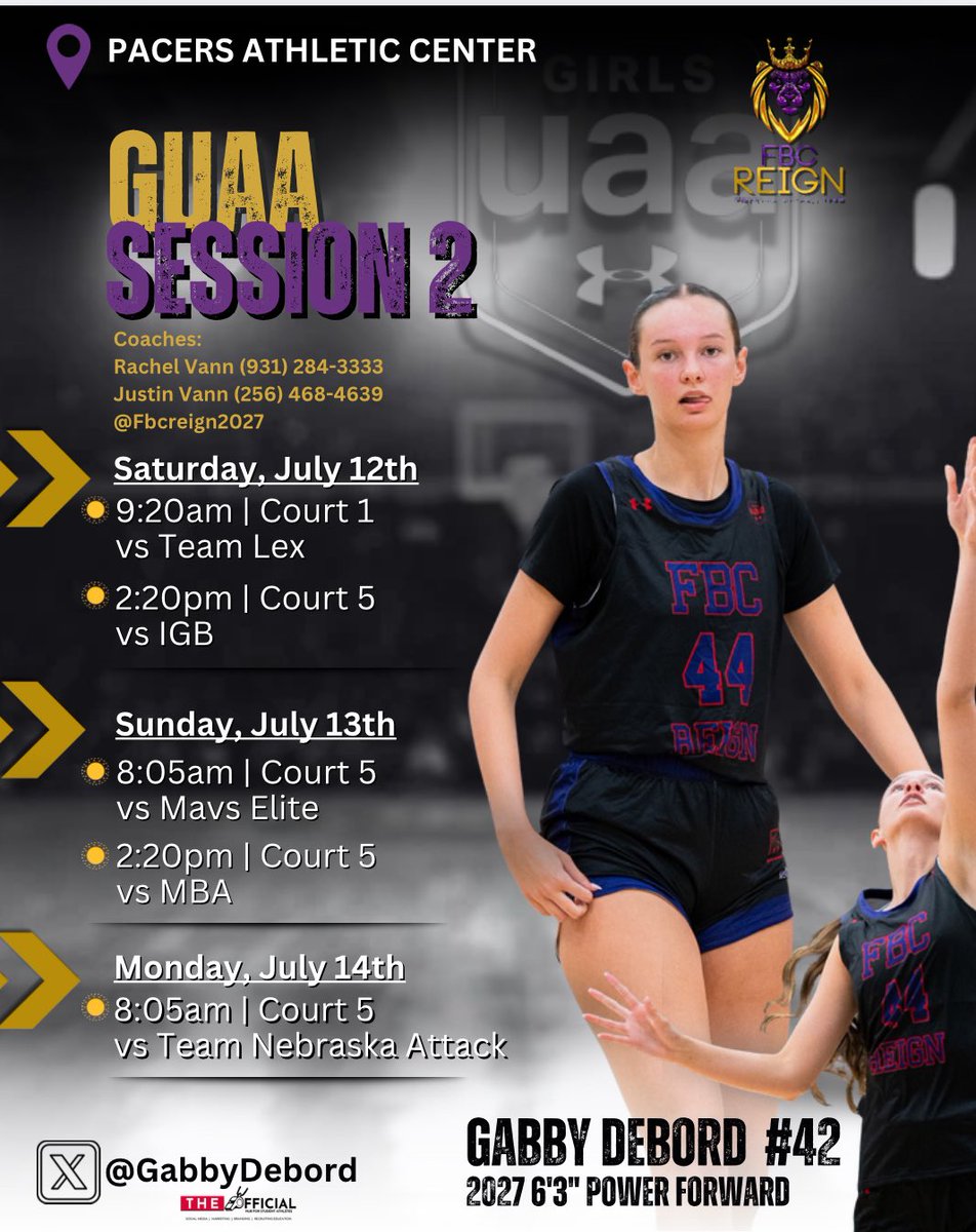 Gabby DeBord (@gabbydebord) on Twitter photo After <a href="/TFNsRun4Roses/">TFN's Run 4 Roses</a> Friday our <a href="/2027Fbcreign/">FBC Reign 2027 GUAA</a> team will heading to Indy for Session 2 of the GUAA Circuit.
Schedule is🔥🔥
<a href="/rfvann24/">Rachel Vann</a>
<a href="/CoachVann35/">Justin Vann</a>
<a href="/PCA_WBB/">PCA_WBB</a>
<a href="/theofficial_hub/">The Official Hub</a> After <a href="/TFNsRun4Roses/">TFN's Run 4 Roses</a> Friday our <a href="/2027Fbcreign/">FBC Reign 2027 GUAA</a> team will heading to Indy for Session 2 of the GUAA Circuit.
Schedule is🔥🔥
<a href="/rfvann24/">Rachel Vann</a>
<a href="/CoachVann35/">Justin Vann</a>
<a href="/PCA_WBB/">PCA_WBB</a>
<a href="/theofficial_hub/">The Official Hub</a>