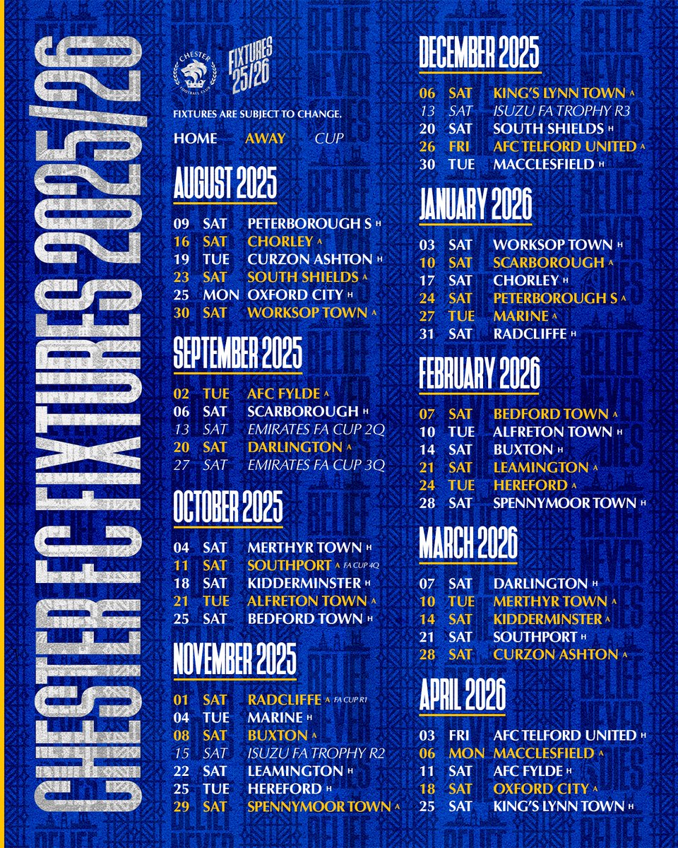 Chester FC (@chesterfc) on Twitter photo ๐ต The official fixture list for our 2025/26 <a href="/NL_Enterprise/">Enterprise National League</a> North campaign has been announced.
Happy with that, Seals? ๐ ๐ต The official fixture list for our 2025/26 <a href="/NL_Enterprise/">Enterprise National League</a> North campaign has been announced.
Happy with that, Seals? ๐