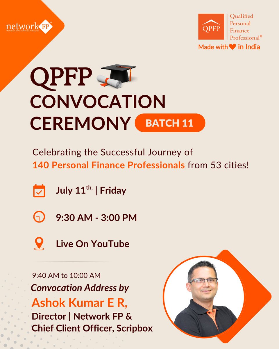 🎓It’s convocation time!

We’re hosting the QPFP Convocation Ceremony for Batch 11!

A celebration of 140+ professionals from 53 cities who’ve completed their journey to becoming Qualified Personal Finance Professionals.🧡

📺 Watch it live on YouTube : nfp.li/Youtube-Live