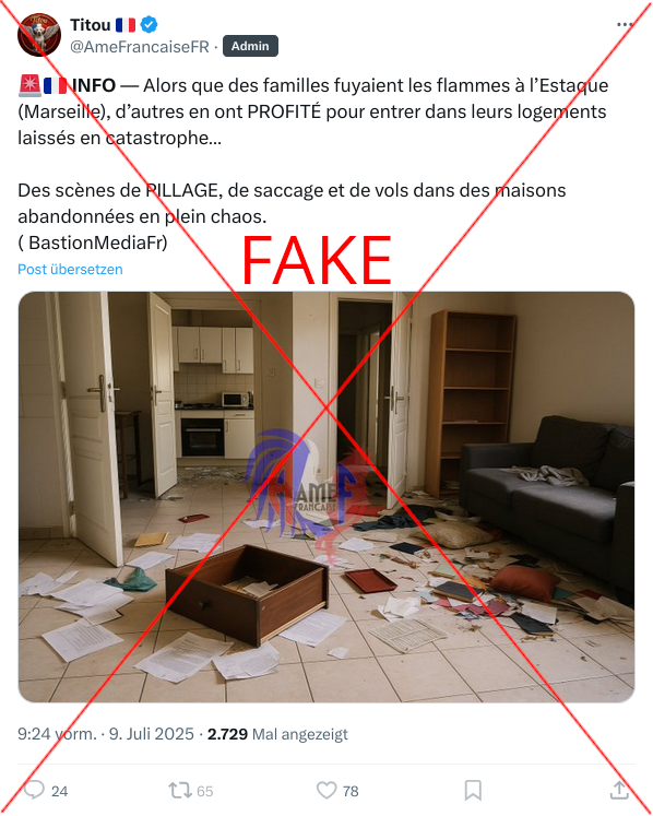 jembobineuse's tweet photo. #FakeAlert
Following yesterday's forest fires in Marseille, there are increasing claims from right-wing accounts that evacuated homes have been looted.
The police is not aware of any such cases.
#Marseille, #LEstaque, #pillage #looting
https://t.co/nsWQvsnbSo https://t.co/mJJZPTHcy4