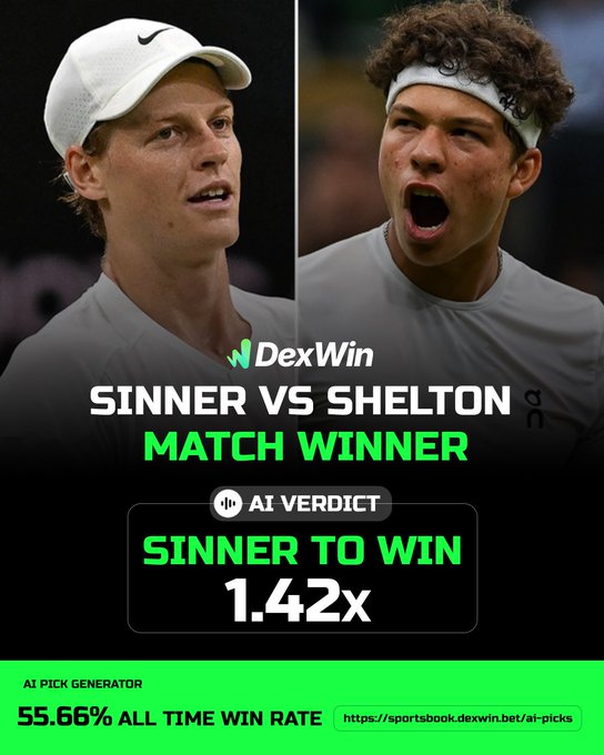 Wimbledon 🏴󠁧󠁢󠁥󠁮󠁧󠁿 Tennis Betting Predictions, Tennis Betting Lines & Wimbledon 2025 Tennis Betting Odds Today 🎾 

Jannik Sinner vs Ben Shelton - Sinner to defeat Shelton @  2.02 ✅ 

Follow @dexwin.bet for the best Tennis betting odds, Tennis betting picks and Tennis predictions today 🎾
