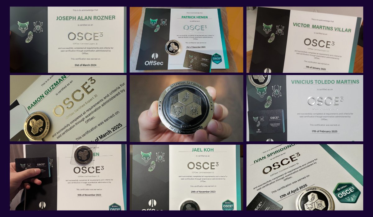 offsectraining's tweet image. There are certs. Then there’s OSCE³.
🔗 offs.ec/4eC7B2Q
You can earn the OSCE³ automatically once you complete all three of our advanced courses and pass their exams:
🕷️ Advanced Web Attacks and Exploitation (WEB-300)
⛓️💥 Advanced Evasion Techniques and Breaching…