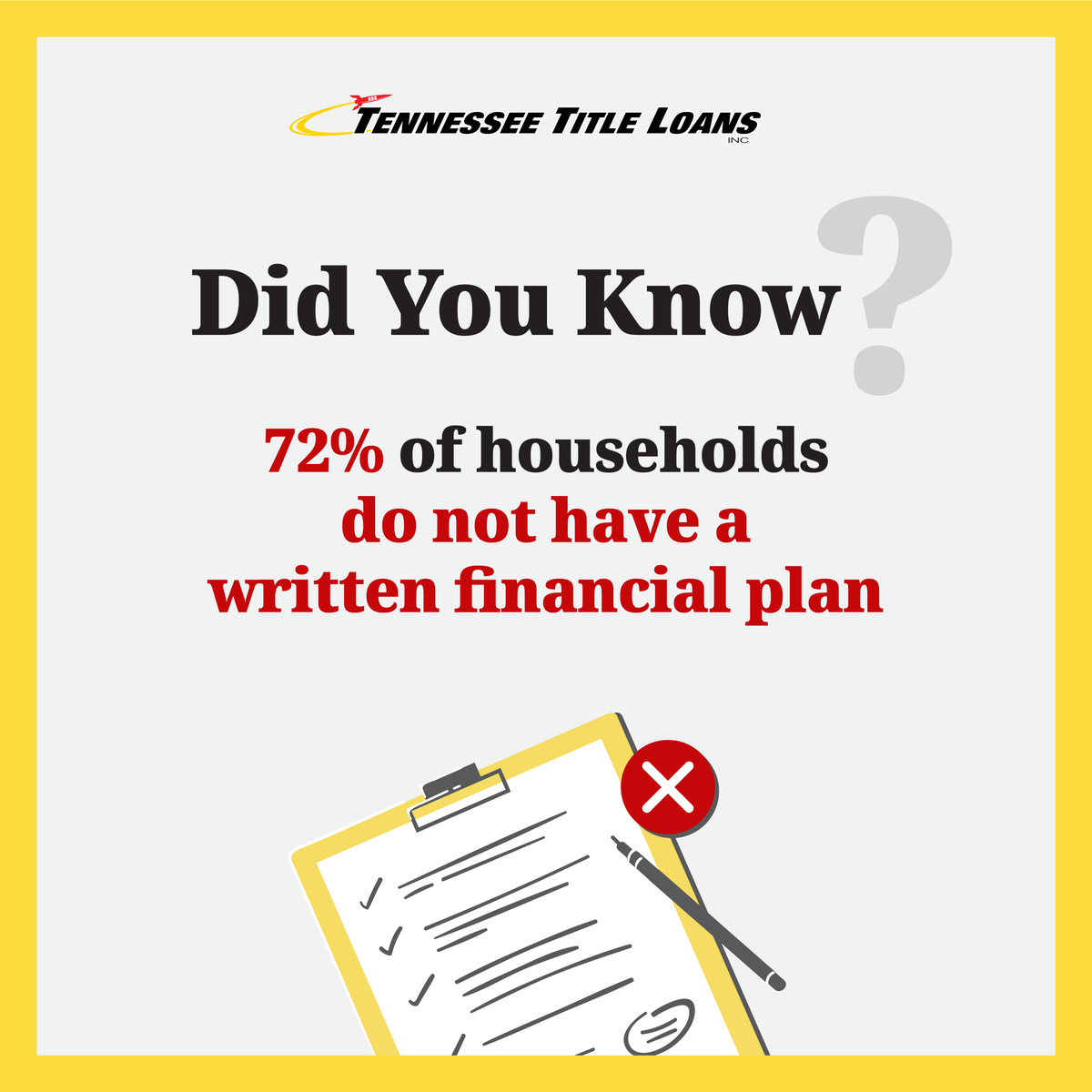 TitleTennessee's tweet photo. Did you know 72% lack a financial plan? 📝 Don't worry, creating one can be tough! 🤔 Tennessee Title Loans, Inc. wants to help you achieve financial stability. 💰 Check us out: https://t.co/XIAVWnE6Uu 

#FinancialPlanning #PersonalFinance #FinancialWellness #TennesseeTitleLoans https://t.co/XyLNAfkEAN
