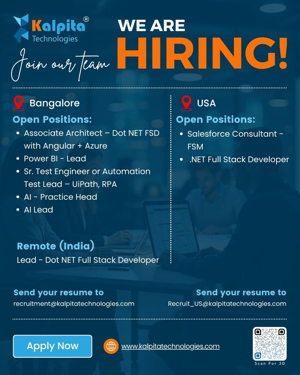 KalpitaTech's tweet photo. Job Alert! We’re #hiring across India &amp; the USA!

📩Send Resume to: recruitment@kalpitatechnologies.com (India) | Recruit_US@kalpitatechnologies.com (US)

👉Explore all roles: https://t.co/JCiBxCscfU

Know someone who fits? Tag them!

#kalpitatechnologies #TechCareers #jobseekers https://t.co/03ozdyr5Bi
