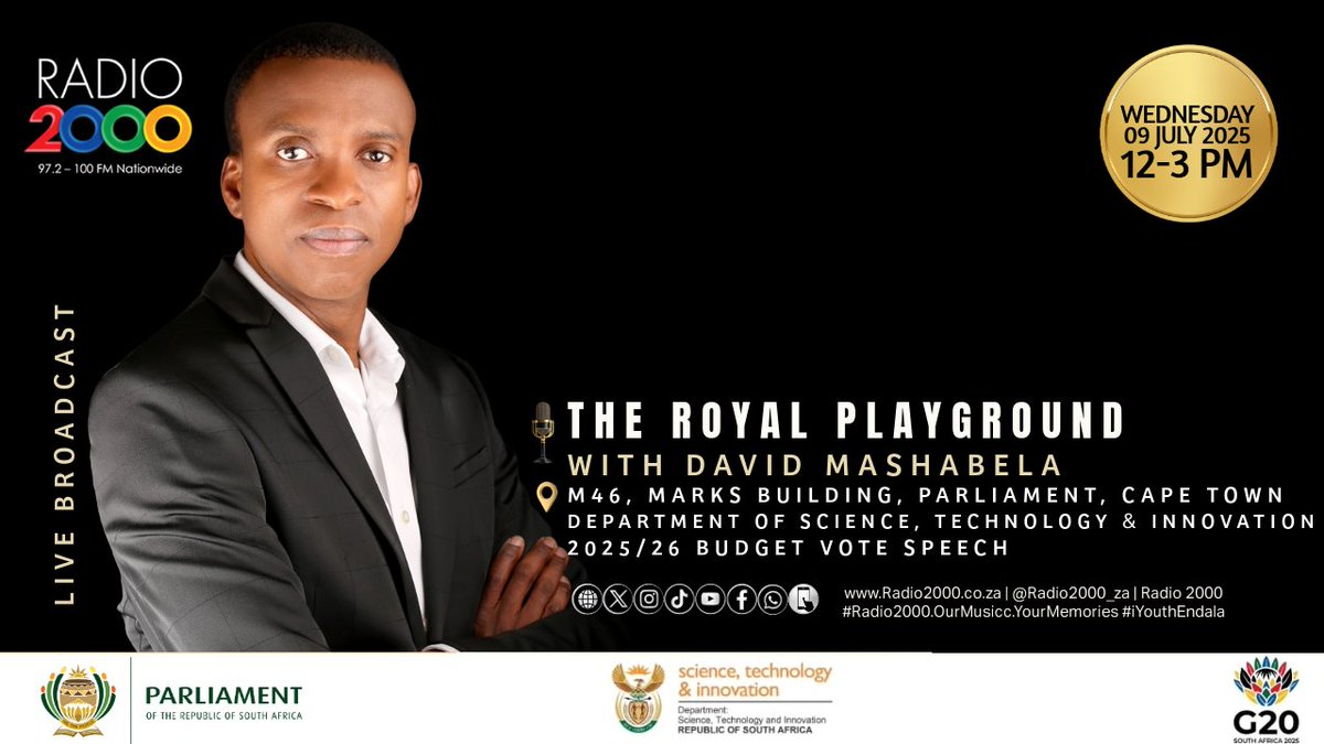 🎙️ #TheRoyalPlayground with <a href="/DavidMashabela/">King David</a>  LIVE from Parliament, Cape Town 🇿🇦

Today, we're bringing you exclusive coverage as Minister Blade Nzimande and Deputy Minister Nomalungelo Gina table the Science, Technology &amp; Innovation Budget Vote 2025/26.

<a href="/ParliamentofRSA/">Parliament of RSA</a>